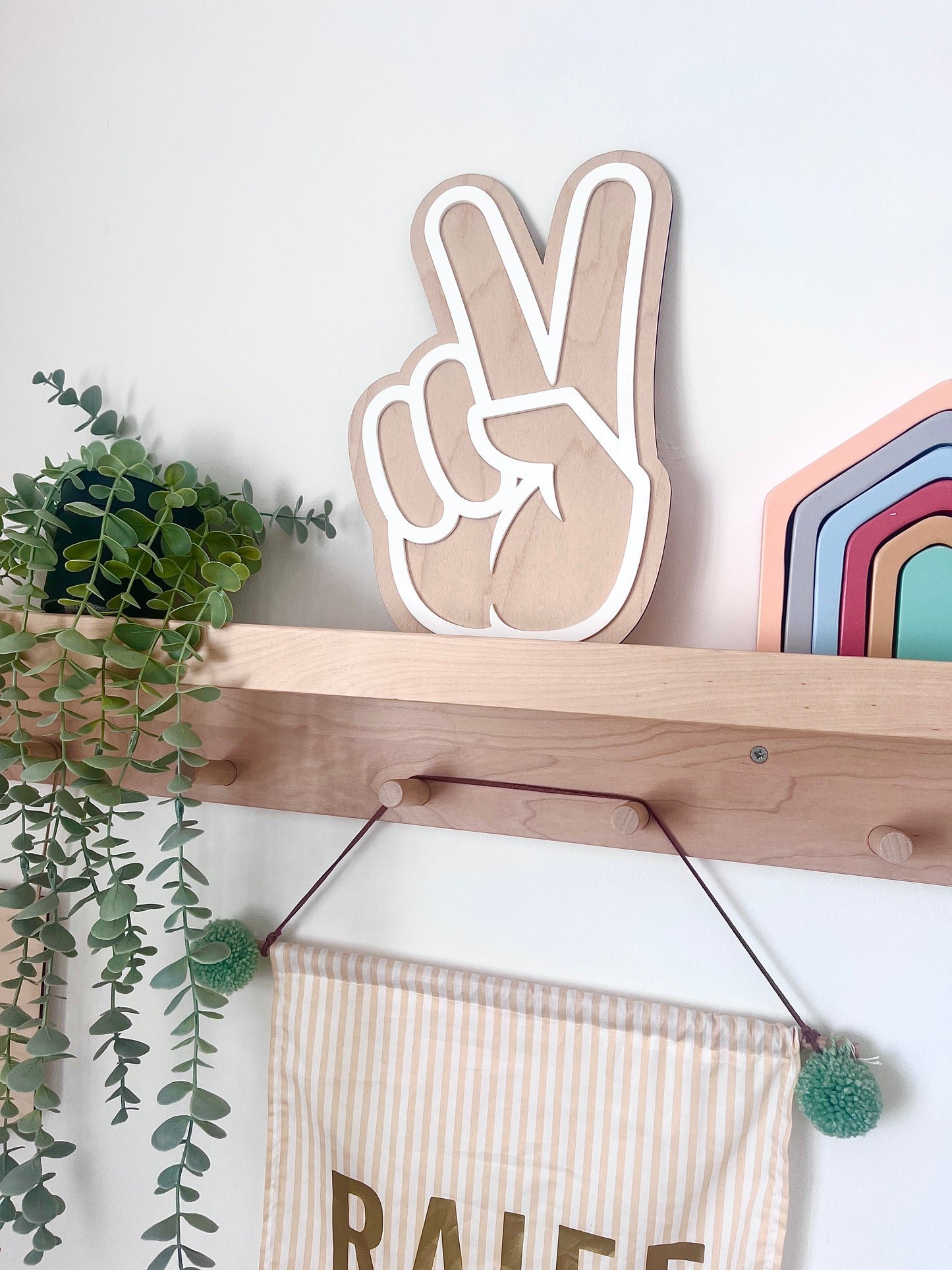 Peace sign - wood and white