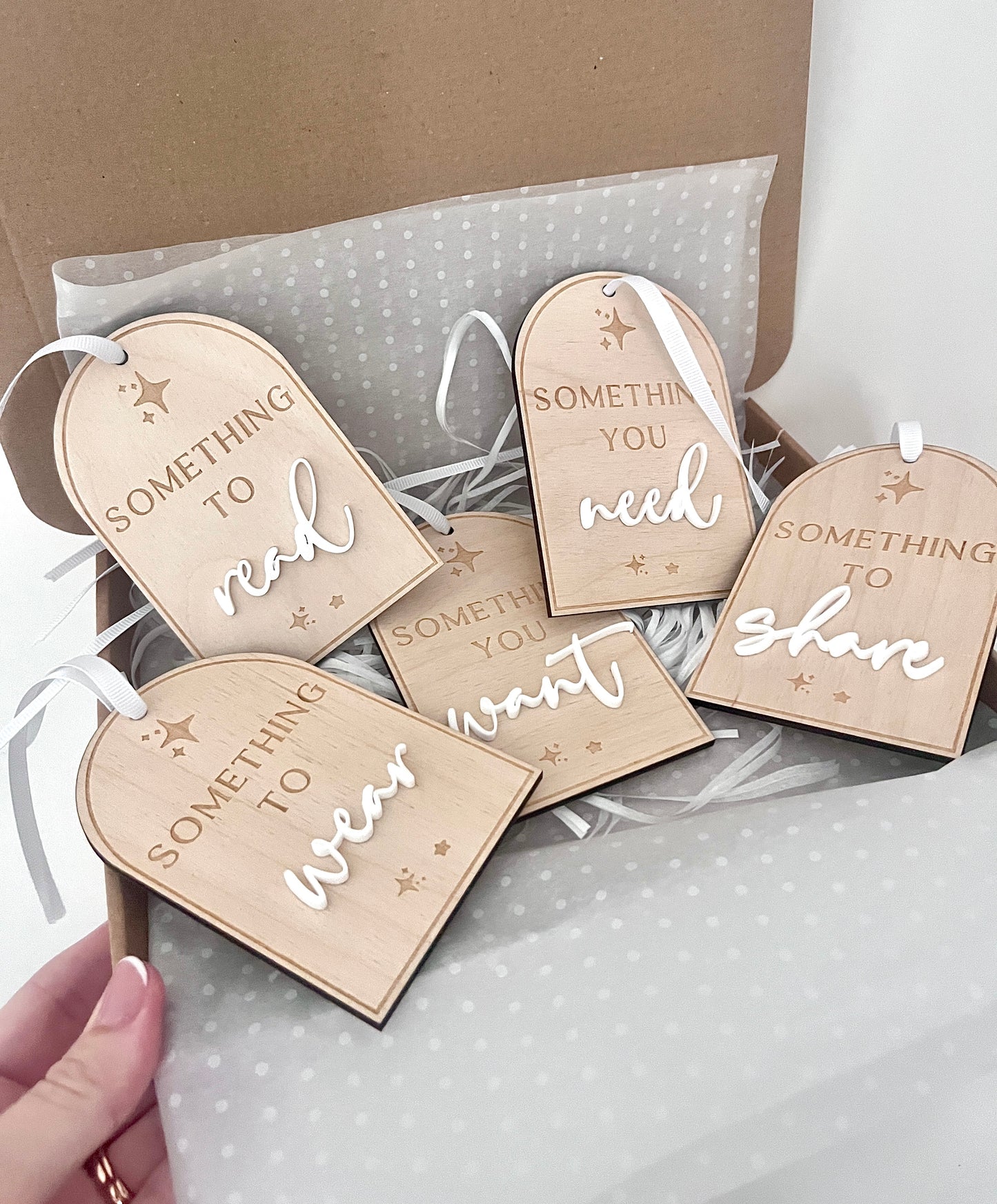 Mindful gift tags with white lettering