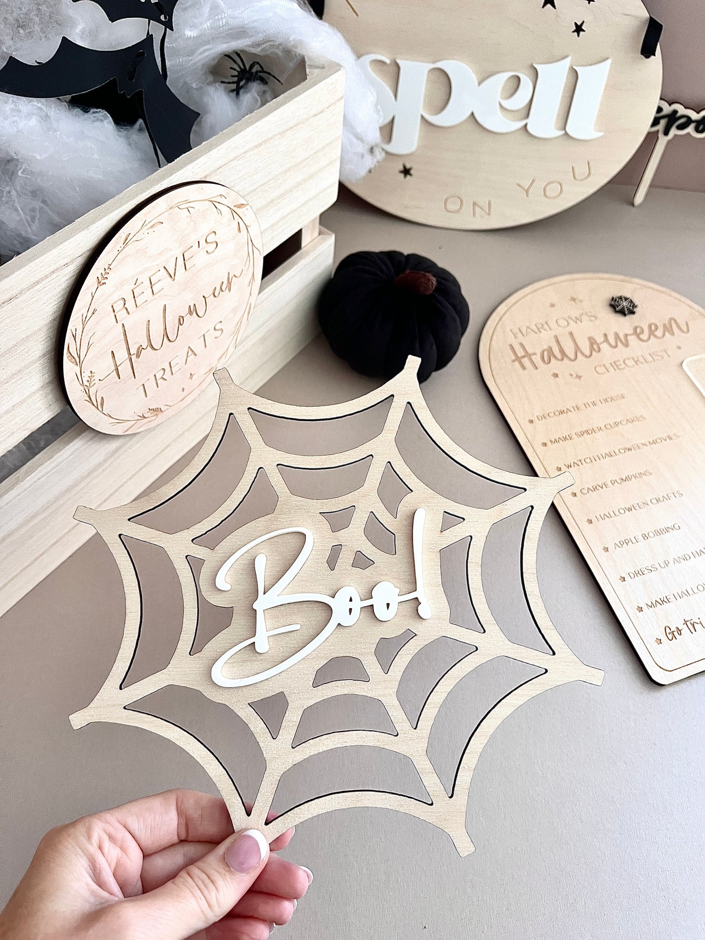 Boo! Cobweb plaque, wooden Halloween decor